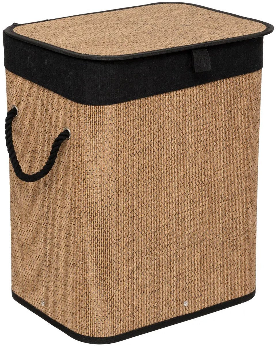 5Five bamboe wasmand naturel en zwart met deksel – 60 liter, 41 x 30 x 50 cm