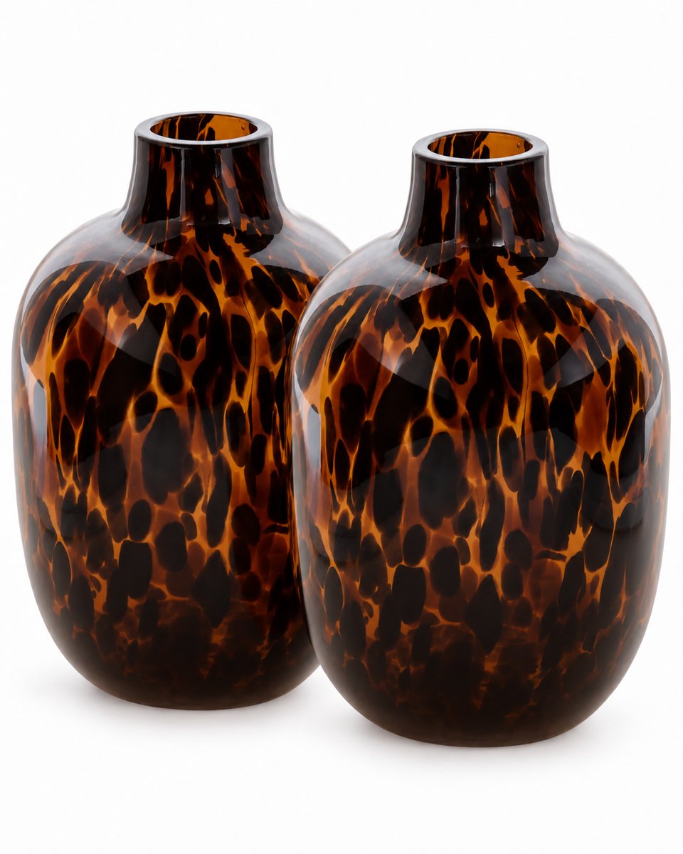 Set of 2 Glass Vases with Leopard Print - Height 25.5 cm - Animal Motif - Modern Flower Vase