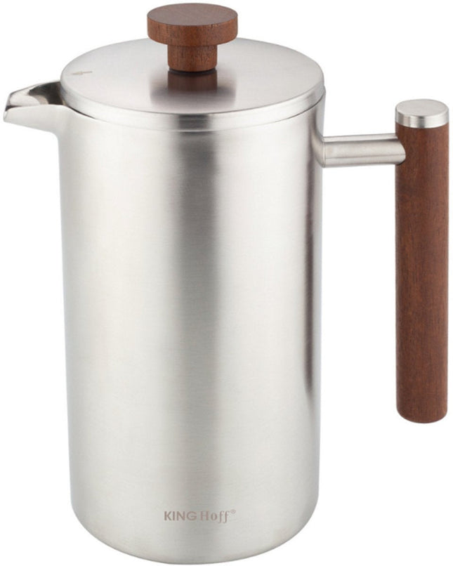 KINGHoff French Press 1 Liter – Edelstahl 304 – Doppelwandig – Holzgriff – Luxus Kaffee- & Teebereiter – KH-1995