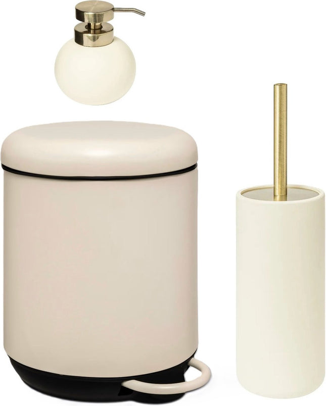5Five Seifenspender Toilettenbürste und Treteimer Set - Elfenbein - Luxus