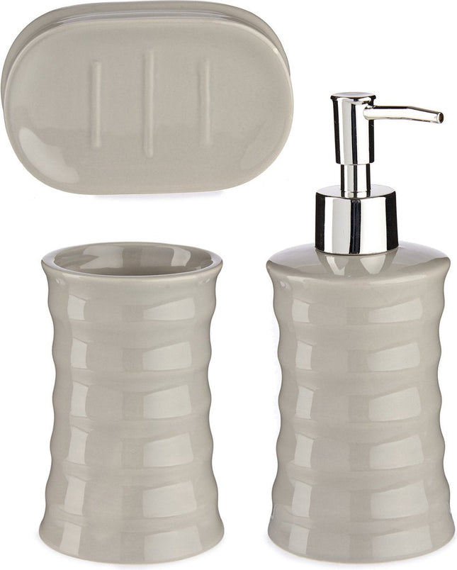 Badkamer accessoires set met strepen 3-delig kiezel grijs van keramiek - Schaaltje - Zeeppompje - Beker