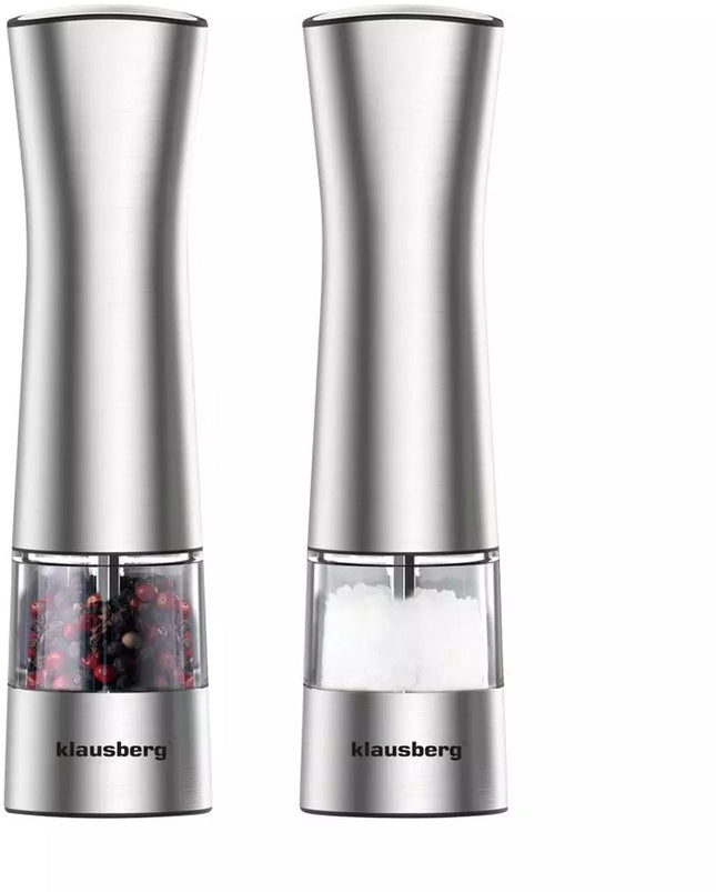 Klausberg KB7610 - Elektrische Pfeffer- und Salzmühle - Mit Beleuchtung und Keramikmahlwerk - Einstellbarer Mahlgrad - Edelstahlgehäuse - Benötigt 6x AAA Batterien (nicht im Lieferumfang enthalten)