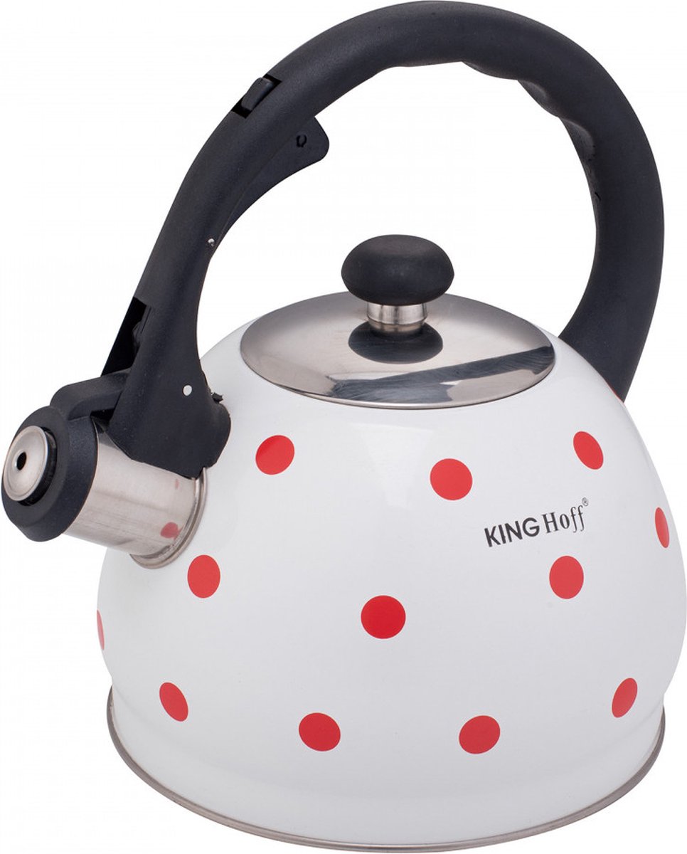 Kinghoff 1736 fluitketel 2 liter – wit met rode stippen, emaille, ook inductie