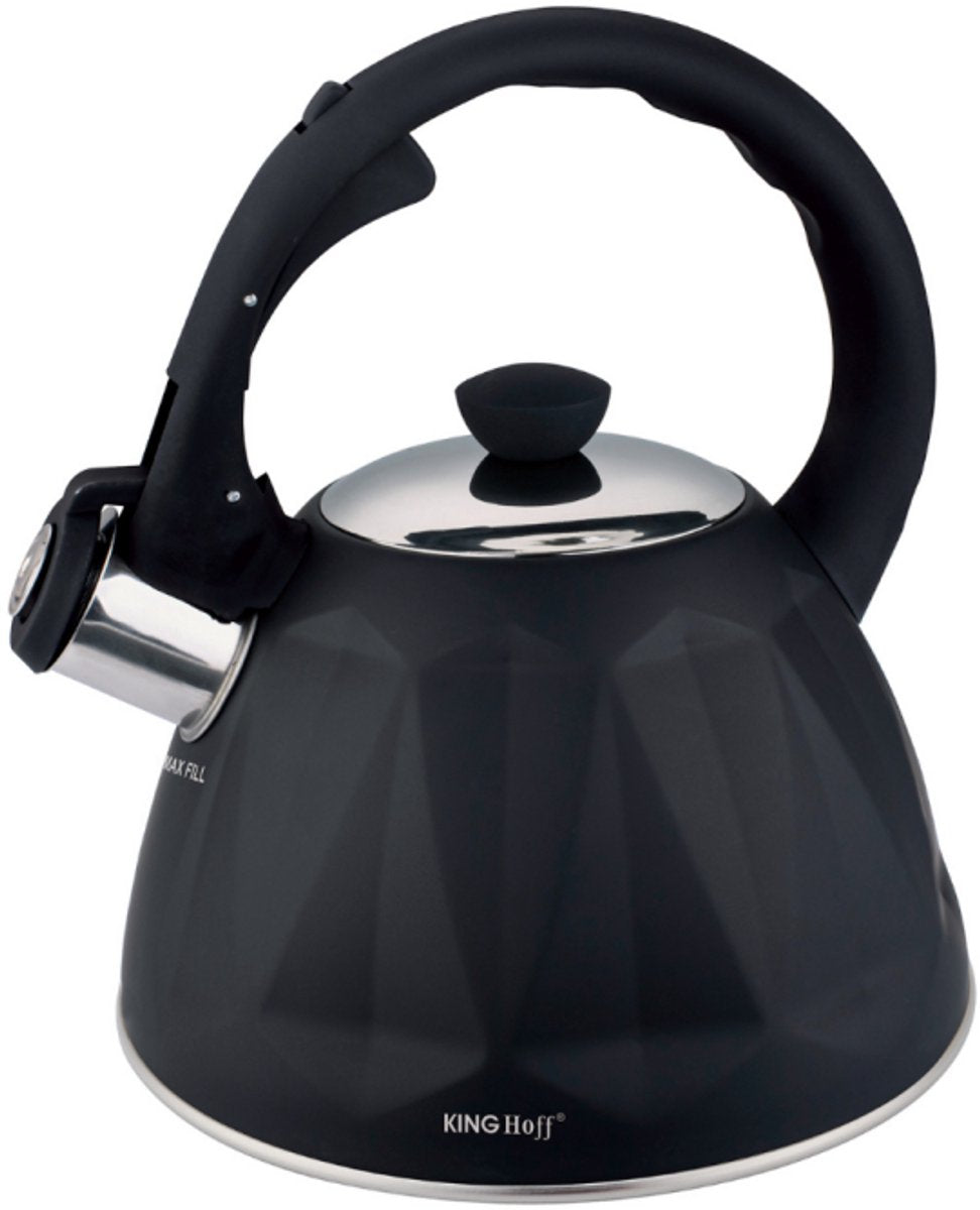 KINGHoff Whistling Kettle 2 Litre – Stainless Steel – Induction Suitable – Matte Black Diamond Texture – Soft-Touch Handle – KH-1997
