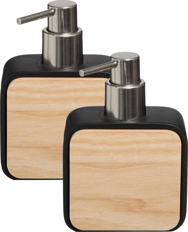 5Five zeeppompje/zeepdispenser - 2x - zwart - 10 x 15 cm - 200 ml - bamboe/kunststeen - badkamer
