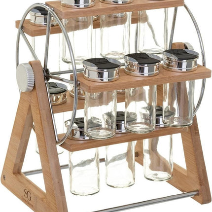 Groot kruidenrek carrousel/draaiwiel met 15 kruidenpotjes 35 cm van bamboe - Keukenkruiden potjes - Kruiden bewaren