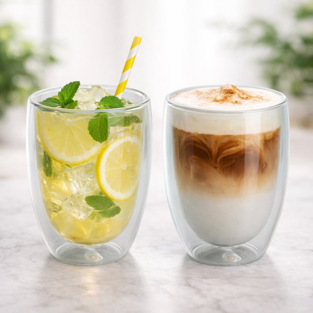 Doppelwandige Gläser 2er Set - 350 ml - Isolierende Teetasse oder Kaffeetasse ohne Henkel - Doppelwandiges Glas - Grau