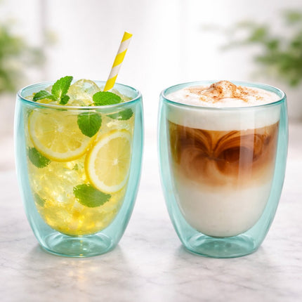 Doppelwandige Gläser 2er Set - 350 ml - Isolierende Teetasse oder Kaffeetasse Ohne Henkel - Doppelwandiges Glas - Türkisgrün
