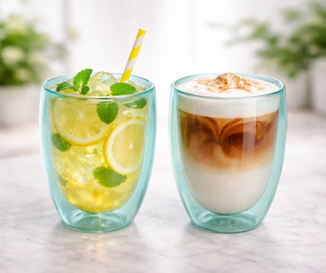 Dubbelwandige Glazen Mokken Set van 2 - 350 ml - Isolerende Theemok of Koffiemok Zonder Oor - Dubbelwandig Glas - Turquoise Groen