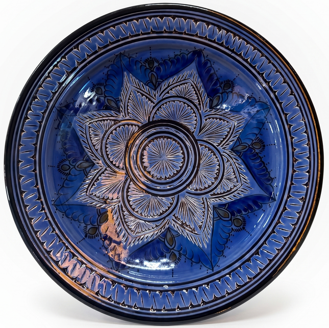 Marokkaanse aardewerk gegraveerd schaal blauw - Bloem - 35cm