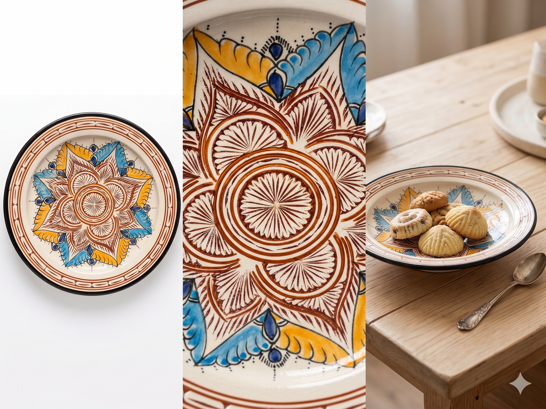 Plat marocain en terre cuite gravée 35 cm - Motif floral