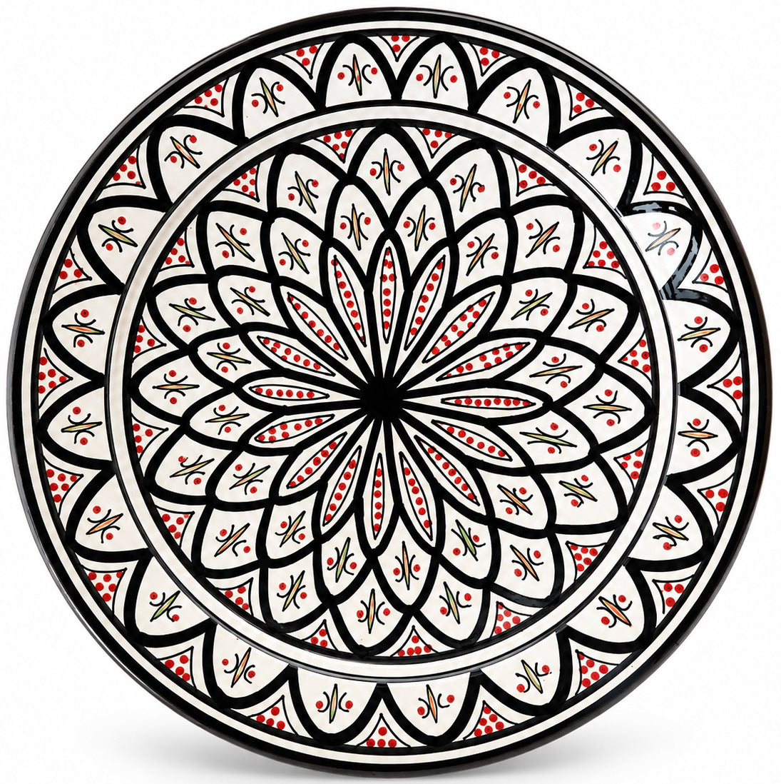 Plat en céramique marocaine Ø 35 cm – Fait main & peint à la main Noir / Rouge