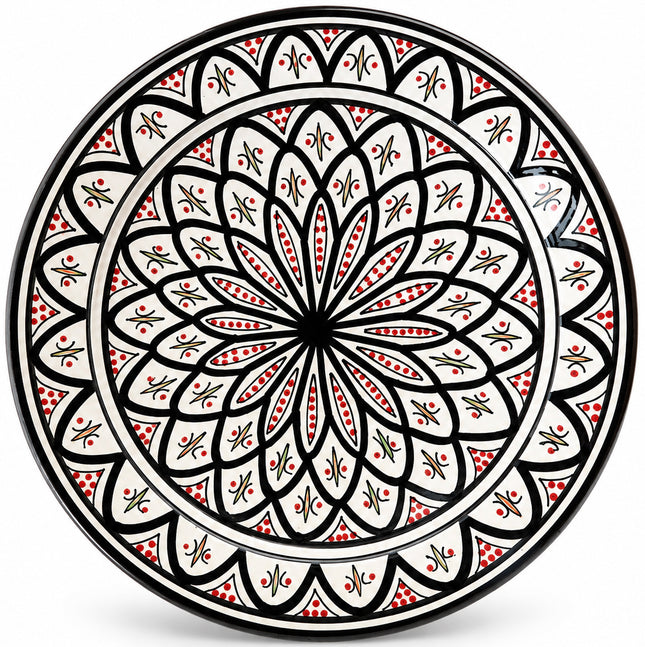 Marokkaanse Aardewerk Schaal Ø35 cm – Handgemaakt & Handbeschilderd Zwart/Rood