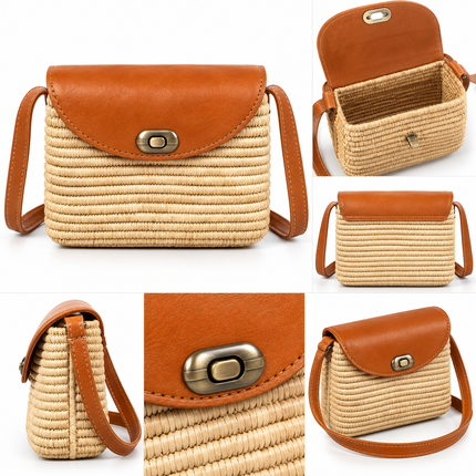 Marokkaanse Handgemaakte Gevlochten Schoudertas uit Marrakech – Naturel met Bruin Leer – Crossbody Tas – 19 x 14 x 7 cm
