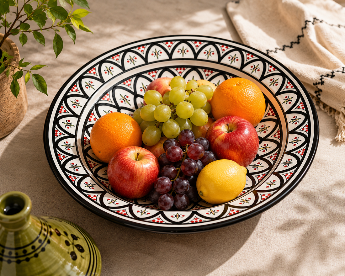 Plat en céramique marocaine Ø 35 cm – Fait main & peint à la main Noir / Rouge