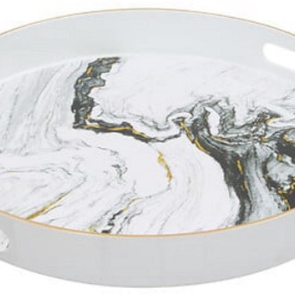 Rundes Serviertablett Marmoroptik Weiß - 33 cm - Mit Griffen - Glänzender Kunststoff - Marmoroptik - Steinoptik - Weiße Farbe - inklusive Griff