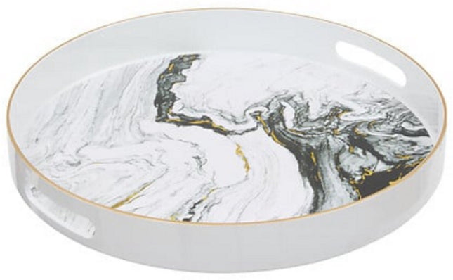 Rundes Serviertablett Marmoroptik Weiß - 33 cm - Mit Griffen - Glänzender Kunststoff - Marmoroptik - Steinoptik - Weiße Farbe - inklusive Griff