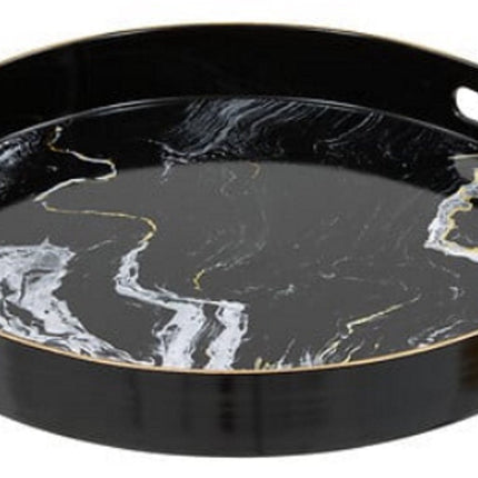 Rundes Tablett Schwarz Marmor Optik - 33 cm - Mit Griffen - Glänzender Kunststoff - Marmoroptik - Steinoptik - Schwarze Farbe - inklusive Griff