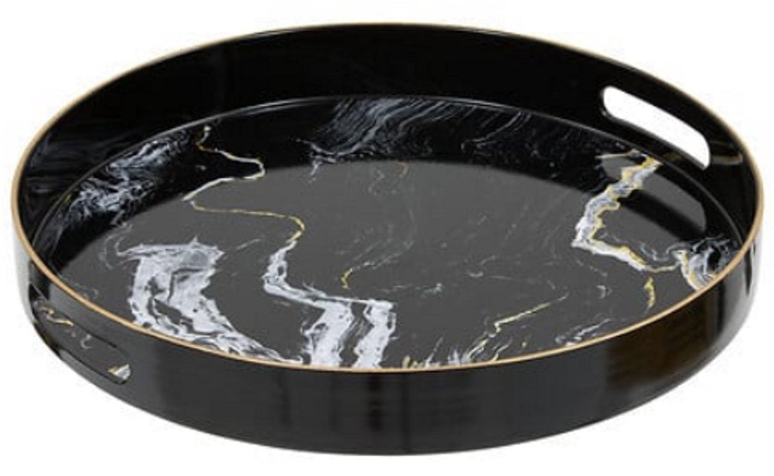 Rundes Tablett Schwarz Marmor Optik - 33 cm - Mit Griffen - Glänzender Kunststoff - Marmoroptik - Steinoptik - Schwarze Farbe - inklusive Griff