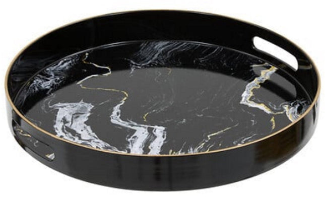 Rond Dienblad Zwart Marmer Look - 33 cm - Met Handvatten - Glanzend Plastic - Marmerenlook - Stenen Look - Zwarte Kleur - inclusief handvat