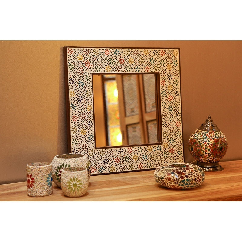 Grote oosterse spiegel met mozaïek lijst – meerkleurig glas, 80 x 60 cm