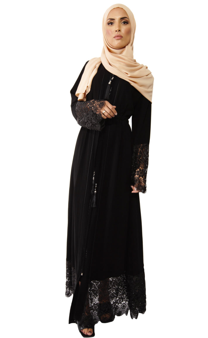 Abaya met kanten mouwen en steentjes – marineblauw of zwart, maat 40-50