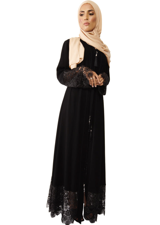 Abaya met kanten mouwen en steentjes – marineblauw of zwart, maat 40-50 – foto 6