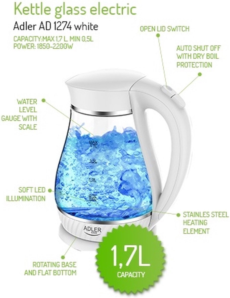 Adler AD1274 - Bouilloire - blanc - 1,7 litre