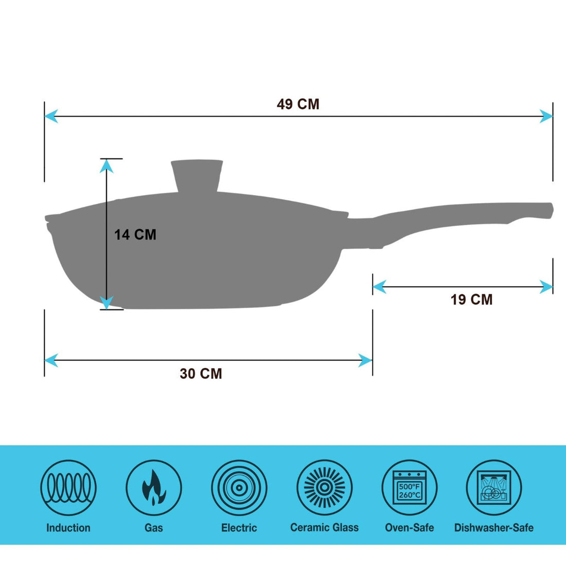 Wok en revêtement marbre compatible induction - avec couvercle en verre - Noir - 30 cm
