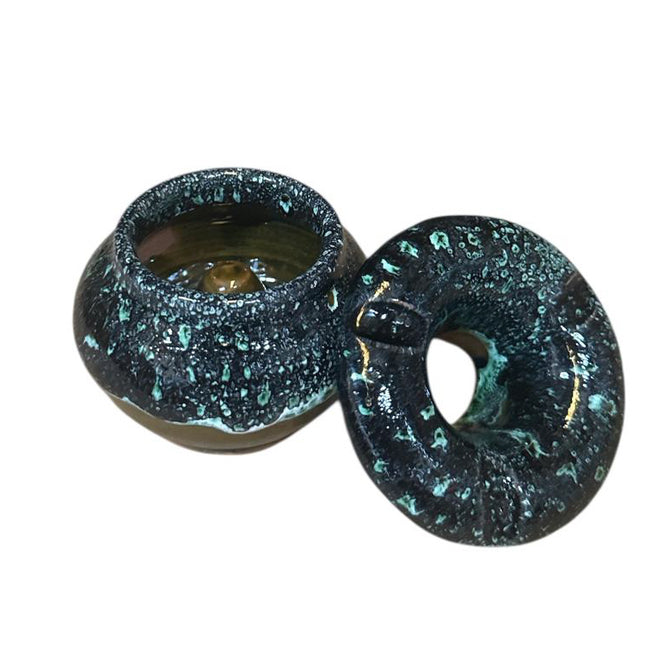 Marokkanischer Aschenbecher Ø7,5 cm – Handgefertigte Keramik mit Deckel – Dunkelgrün/Blau glasiert