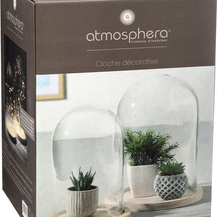 Home decoratie glazen stolp op houten plateau - glas/lichtbruin - D23 x H29.5 cm