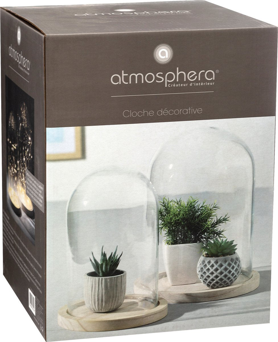 Home decoratie glazen stolp op houten plateau - glas/lichtbruin - D23 x H29.5 cm