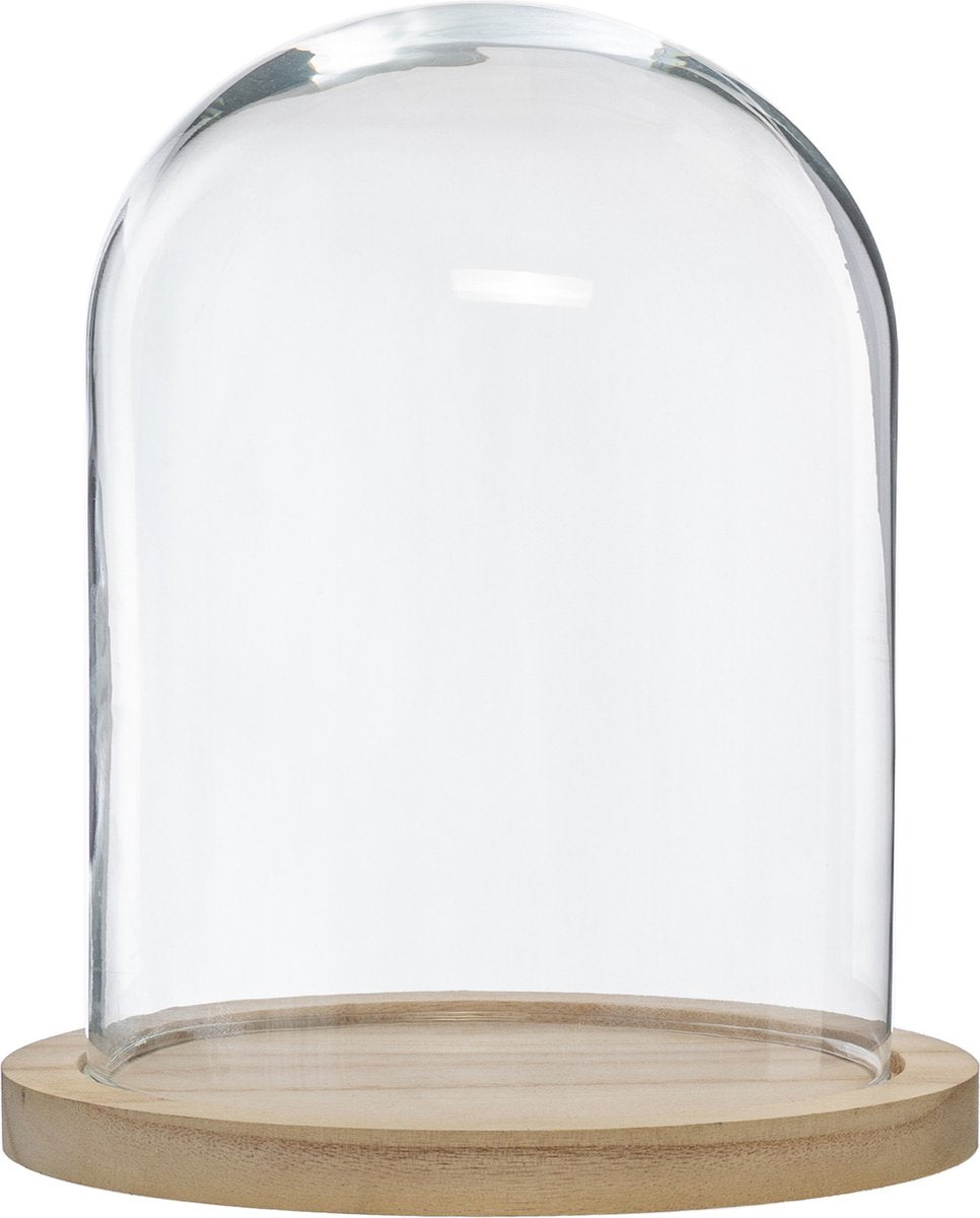 Home decoratie glazen stolp op houten plateau - glas/lichtbruin - D23 x H29.5 cm