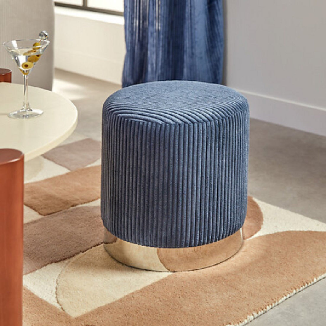 Pouf en velours côtelé Atmosphera Sylia - Ø38xH38 cm - Bleu encre