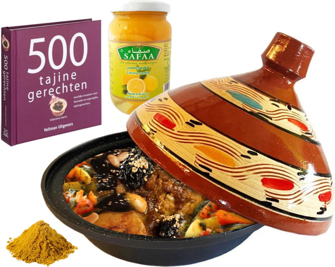 Tajine cadeaupakket voor 8 personen – handgemaakt deksel, kookboek en kruiden