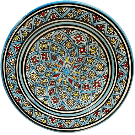 Schaal aardewerk 35 cm turquoise blauw met verschillende kleuren