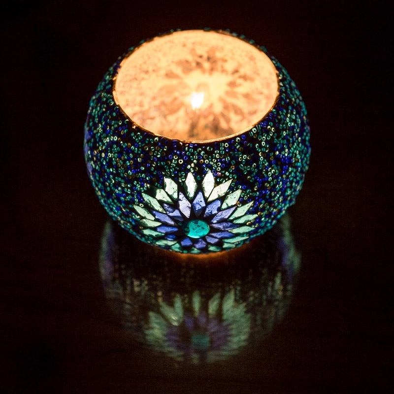 Photophore mosaïque et perles boule bleue Ø 15 cm