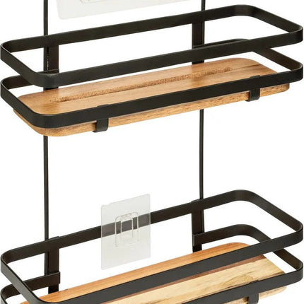 Badkamer douche rekje organizer - zwart metaal/acacia hout - zuignappen - 25 x 15 x 30 cm