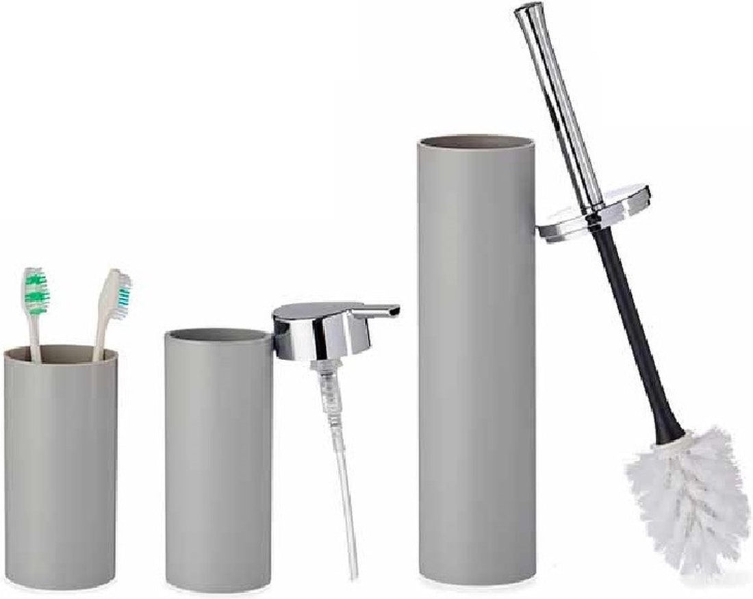 Badkamerset toiletborstel, zeeppompje en beker – kunststof, grijs of beige