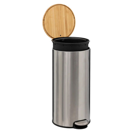 5Five prullenbak/pedaalemmer Bamboe - RVS zilver - metaal - 30 liter - 38 x 29 x 60 cm - keuken