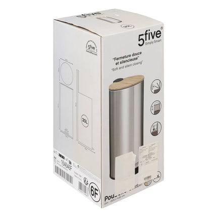 5Five prullenbak/pedaalemmer Bamboe - RVS zilver - metaal - 30 liter - 38 x 29 x 60 cm - keuken