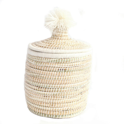Raffia mand met deksel wit
