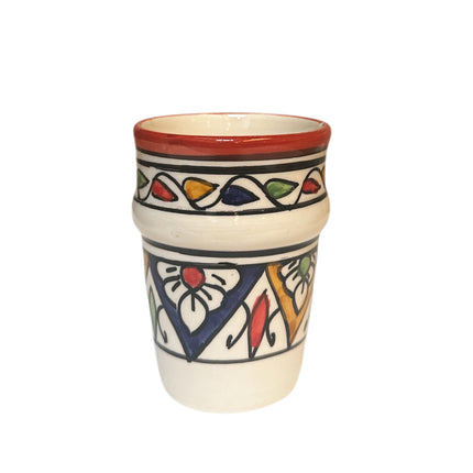 Marokkanischer handgefertigter Becher – 9 cm hoch – Rotrand mit buntem Motiv