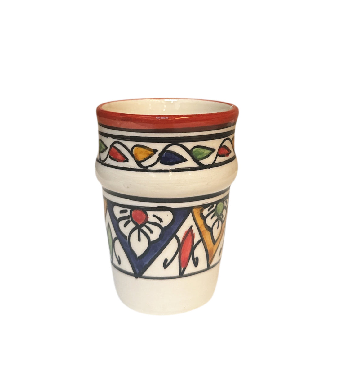 Gobelet Marocain Fait Main – 9 cm de Haut – Bord Rouge à Motif Coloré