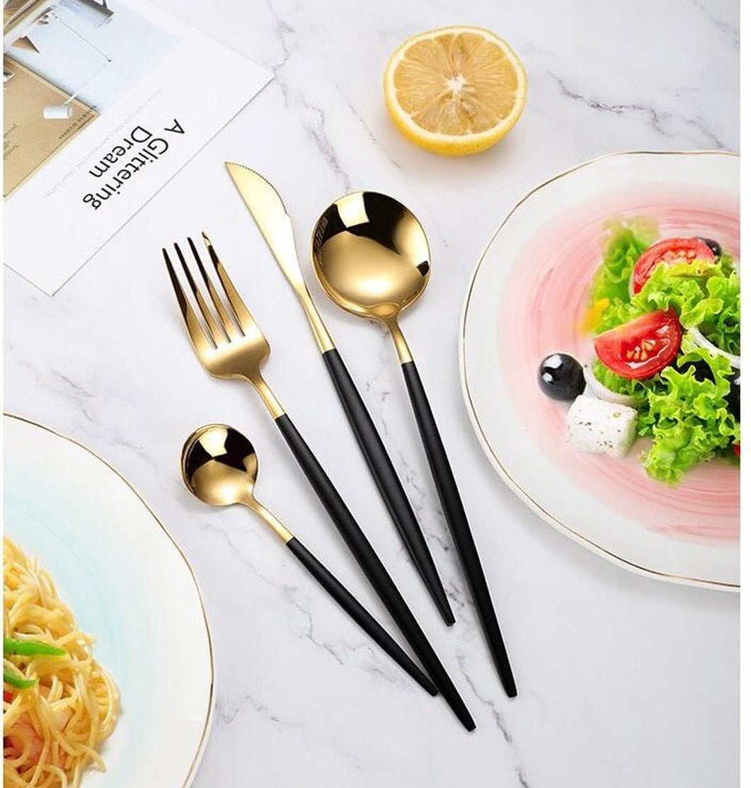 24-Piece Cutlery Set Gold Black | 6 Persons | Knife Fork Spoon