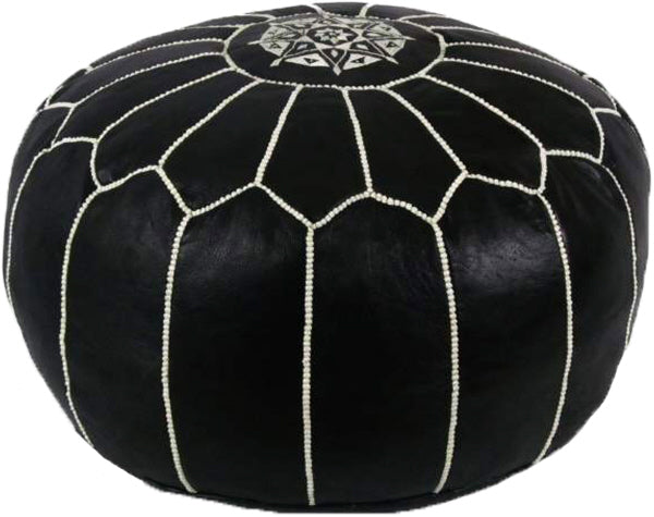 Moroccan Leather Pouf Black with White Embroidery – Handmade in Marrakech