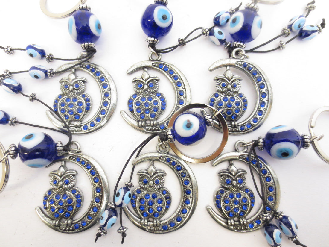 Blue evil eye owl & moon keychain