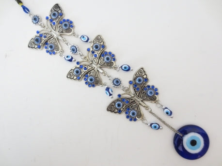 blue evil eye pendant with 3 butterflies