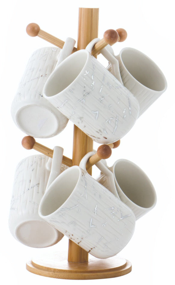 Mug tree - Marble-look cups with bamboo holder