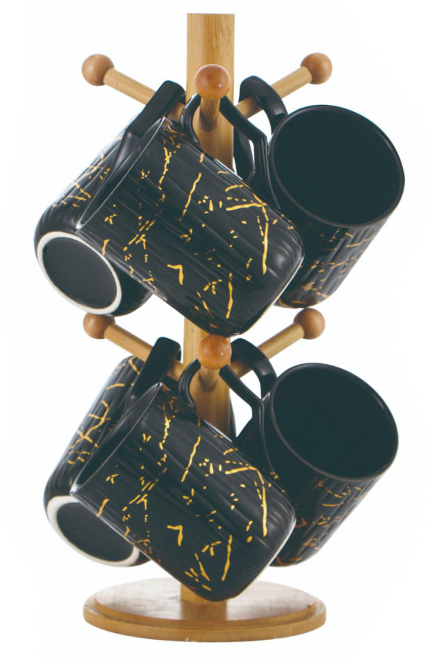 Mug tree - Marble-look cups with bamboo holder